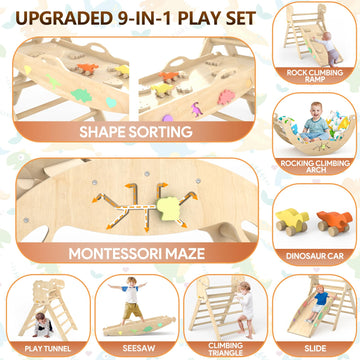 Pikler Triangle Set with Cushion 9 in 1 Climbing Toys for Toddlers 1-7 Indoor Baby Climbing Gym Toddler Montessori Toys Wooden Climbing Toys with Maze Toys, Shape Sorting Toys, Dinosaur Car