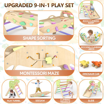 Pikler Triangle Set with Cushion 9 in 1 Climbing Toys for Toddlers 1-3 Indoor Baby Climbing Gym Toddler Montessori Toys Wooden Climbing Toys with Maze Toys, Shape Sorting Toys, Dinosaur Car