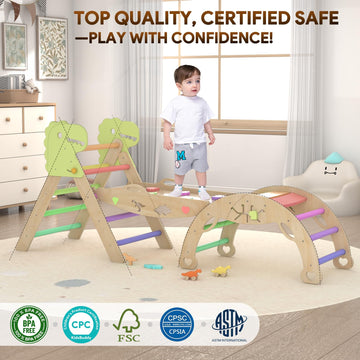 Pikler Triangle Set with Cushion 9 in 1 Climbing Toys for Toddlers 1-3 Indoor Baby Climbing Gym Toddler Montessori Toys Wooden Climbing Toys with Maze Toys, Shape Sorting Toys, Dinosaur Car