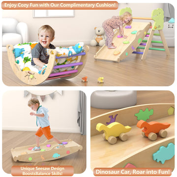 Pikler Triangle Set with Cushion 9 in 1 Climbing Toys for Toddlers 1-3 Indoor Baby Climbing Gym Toddler Montessori Toys Wooden Climbing Toys with Maze Toys, Shape Sorting Toys, Dinosaur Car