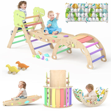 Pikler Triangle Set with Cushion 9 in 1 Climbing Toys for Toddlers 1-3 Indoor Baby Climbing Gym Toddler Montessori Toys Wooden Climbing Toys with Maze Toys, Shape Sorting Toys, Dinosaur Car