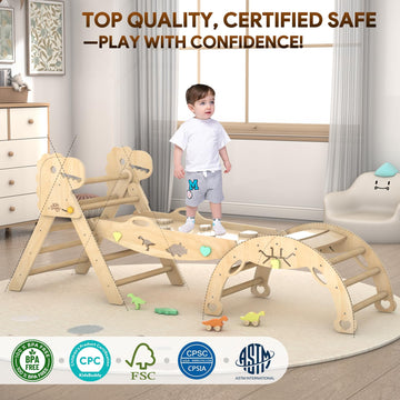 Pikler Triangle Set with Cushion 9 in 1 Climbing Toys for Toddlers 1-3 Indoor Baby Climbing Gym Toddler Montessori Toys Wooden Climbing Toys with Maze Toys, Shape Sorting Toys, Dinosaur Car