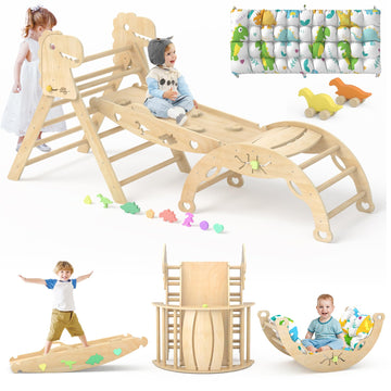 Pikler Triangle Set with Cushion 9 in 1 Climbing Toys for Toddlers 1-7 Indoor Baby Climbing Gym Toddler Montessori Toys Wooden Climbing Toys with Maze Toys, Shape Sorting Toys, Dinosaur Car