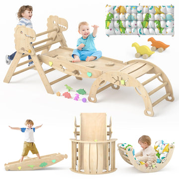 Pikler Triangle Set with Cushion 9 in 1 Climbing Toys for Toddlers 1-3 Indoor Baby Climbing Gym Toddler Montessori Toys Wooden Climbing Toys with Maze Toys, Shape Sorting Toys, Dinosaur Car