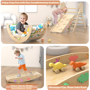 Pikler Triangle Set with Cushion 9 in 1 Climbing Toys for Toddlers 1-3 Indoor Baby Climbing Gym Toddler Montessori Toys Wooden Climbing Toys with Maze Toys, Shape Sorting Toys, Dinosaur Car