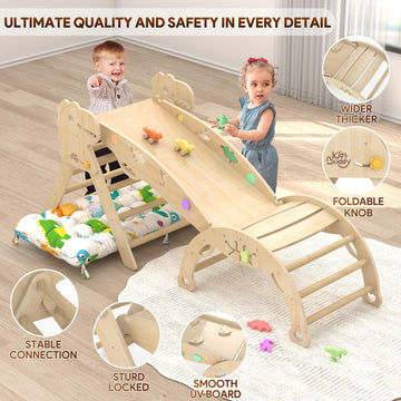 Pikler Triangle Set with Cushion 9 in 1 Climbing Toys for Toddlers 1-3 Indoor Baby Climbing Gym Toddler Montessori Toys Wooden Climbing Toys with Maze Toys, Shape Sorting Toys, Dinosaur Car