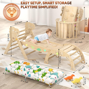 Pikler Triangle Set with Cushion 9 in 1 Climbing Toys for Toddlers 1-3 Indoor Baby Climbing Gym Toddler Montessori Toys Wooden Climbing Toys with Maze Toys, Shape Sorting Toys, Dinosaur Car