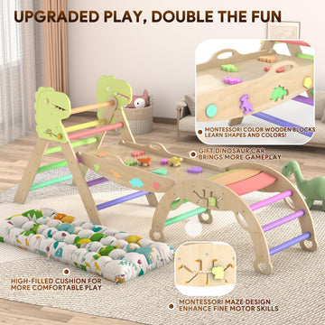 Pikler Triangle Set with Cushion 9 in 1 Climbing Toys for Toddlers 1-3 Indoor Baby Climbing Gym Toddler Montessori Toys Wooden Climbing Toys with Maze Toys, Shape Sorting Toys, Dinosaur Car