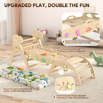 Pikler Triangle Set with Cushion 9 in 1 Climbing Toys for Toddlers 1-3 Indoor Baby Climbing Gym Toddler Montessori Toys Wooden Climbing Toys with Maze Toys, Shape Sorting Toys, Dinosaur Car