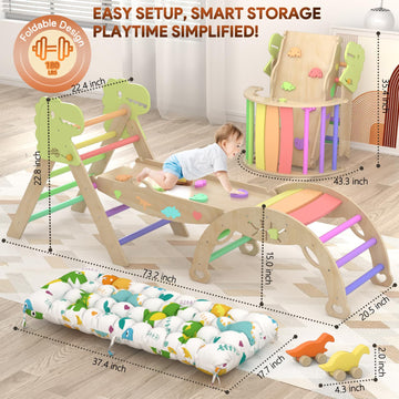 Pikler Triangle Set with Cushion 9 in 1 Climbing Toys for Toddlers 1-3 Indoor Baby Climbing Gym Toddler Montessori Toys Wooden Climbing Toys with Maze Toys, Shape Sorting Toys, Dinosaur Car