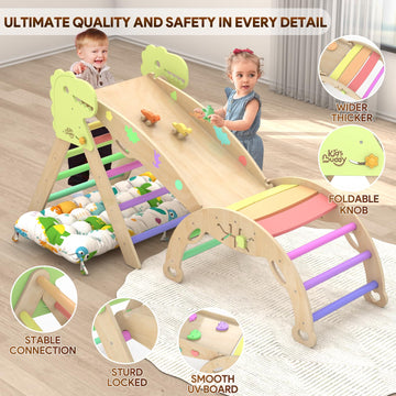 Pikler Triangle Set with Cushion 9 in 1 Climbing Toys for Toddlers 1-3 Indoor Baby Climbing Gym Toddler Montessori Toys Wooden Climbing Toys with Maze Toys, Shape Sorting Toys, Dinosaur Car